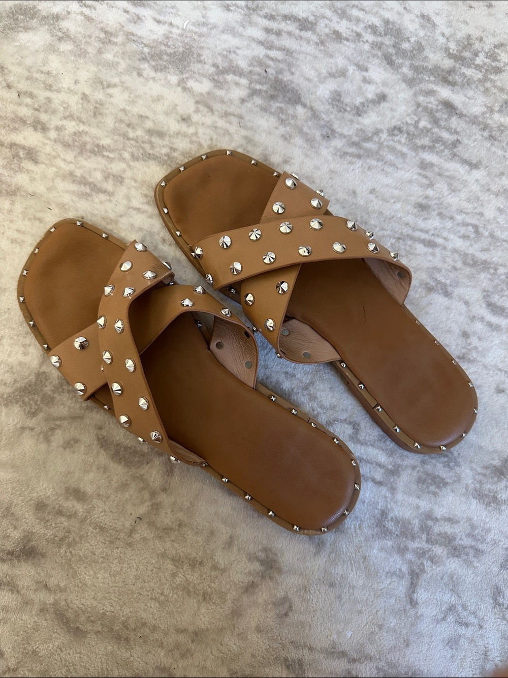 Studded Tan Leather Slide Sandals - Women